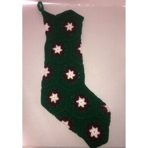 Vintage Crochet Granny Square Christmas Stocking 30" Green Burgundy White
